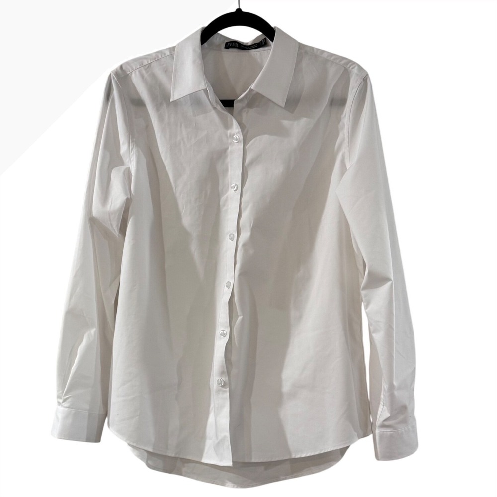 JVER Womens White Long Sleeve Button Down Shirt Classic Business Casual Size L